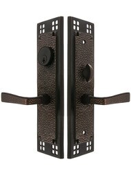 Craftsman F20 Function Mortise Lock Entryset in Oil Rubbed Bronze with Left Hand Hammered Levers, and Stop/Release Buttons.